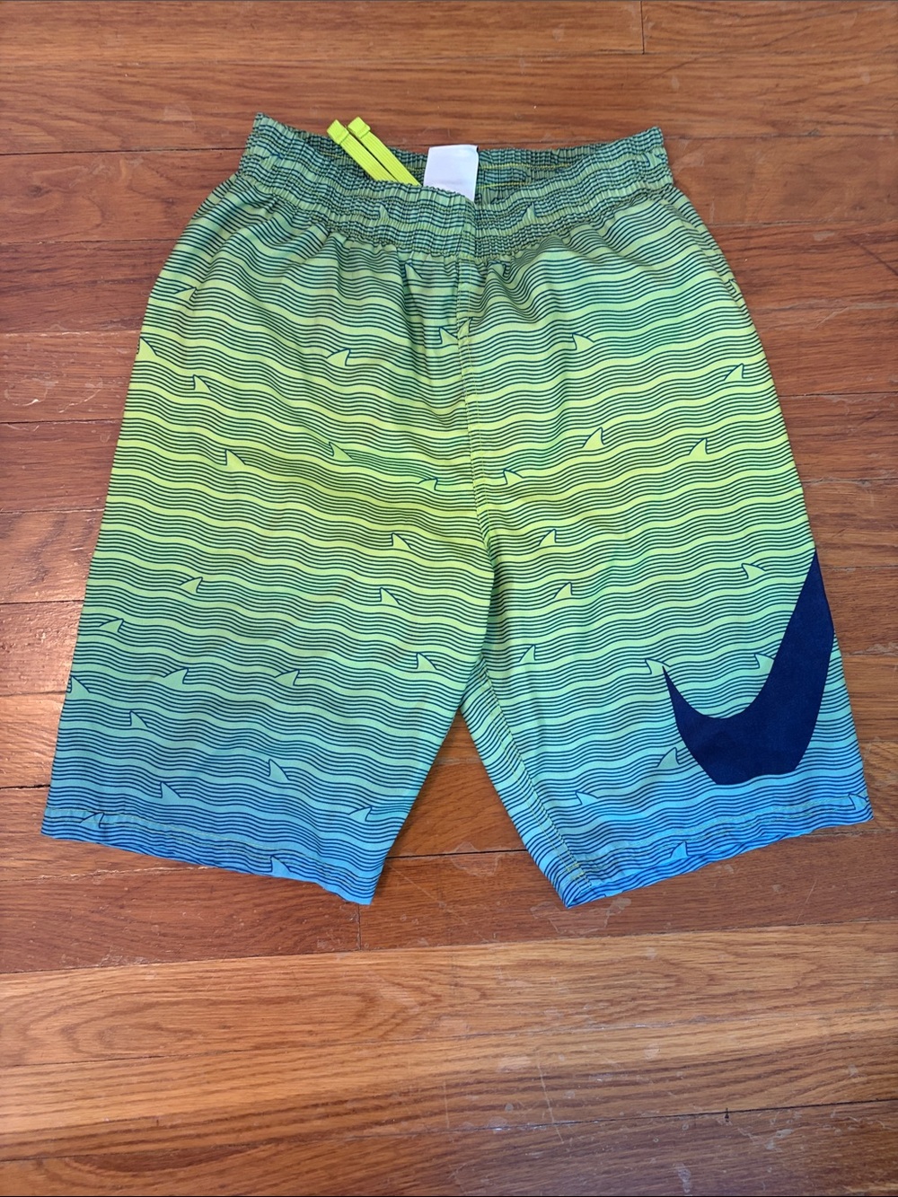 Nike Kids Swim Trunks Blue Green Gradient with Navy Swoosh